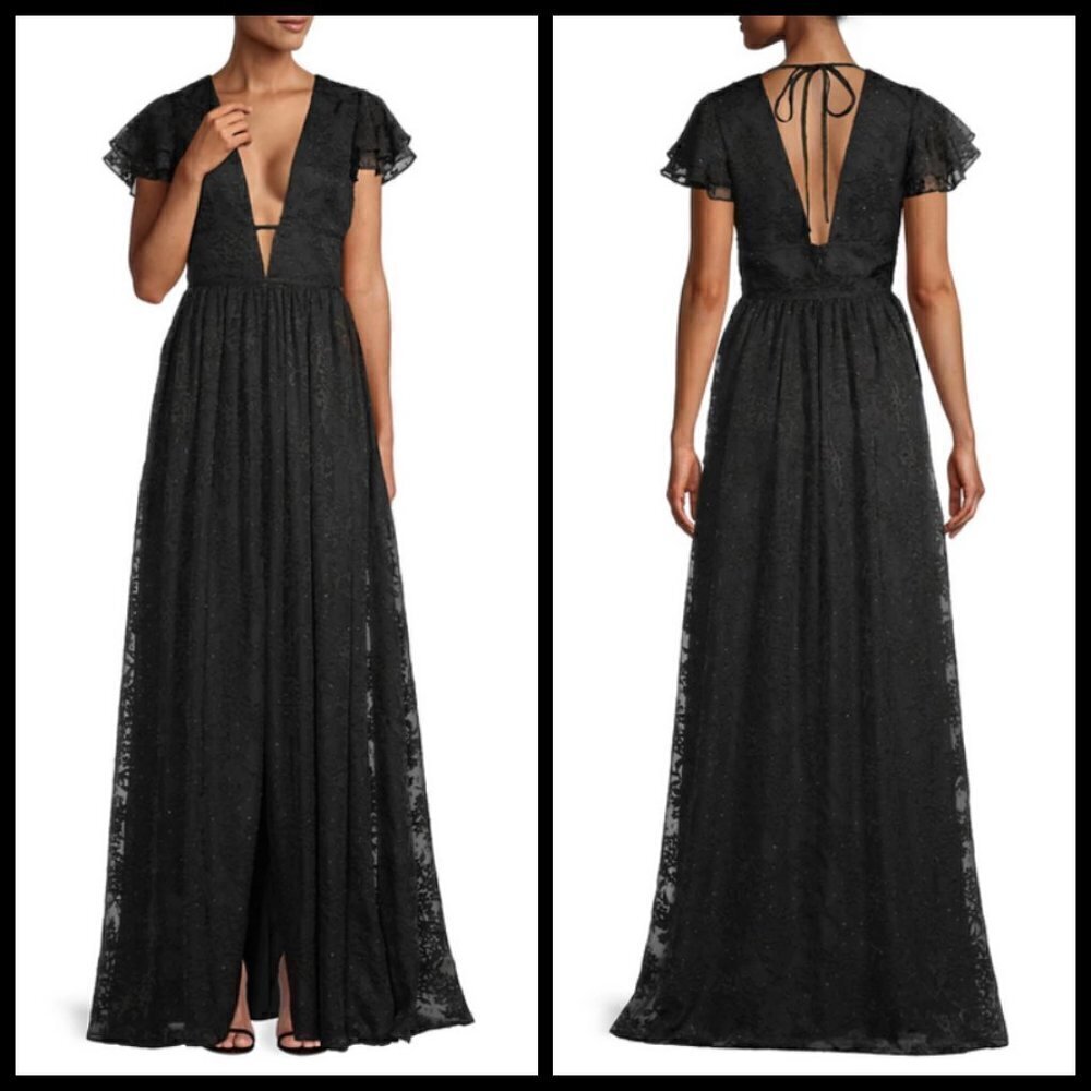 💕AIDAN MATTOX💕 Plunging V-Neck Flutter Sleeve Gown Black Burnout Floral 8 NWT